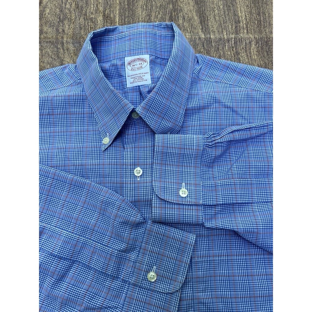 Brooks Brothers Original Polo Shirt 16½-34 Blue Windowpane Check Traditional Fit